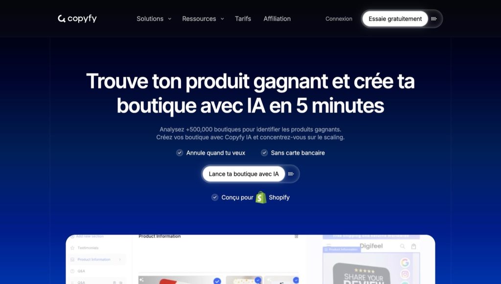 Page d'accueil de Copyfy : trouver un produit gagnant et créer sa boutique Shopify avec l'IA