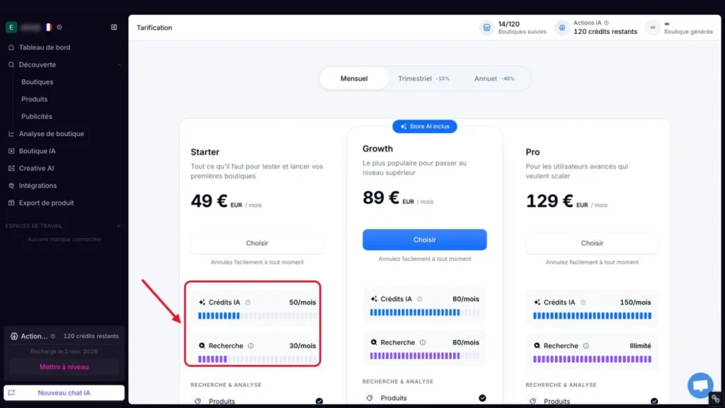Copyfy : grille tarifaire affichée dans l'application, Starter 49 €, Growth 89 € et Pro 129 € par mois