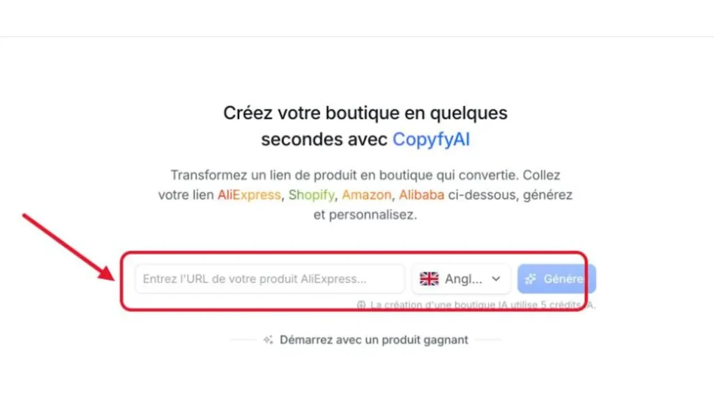 Copyfy Store AI : champ pour coller le lien d'un produit AliExpress, Shopify ou Amazon, 5 crédits IA par boutique