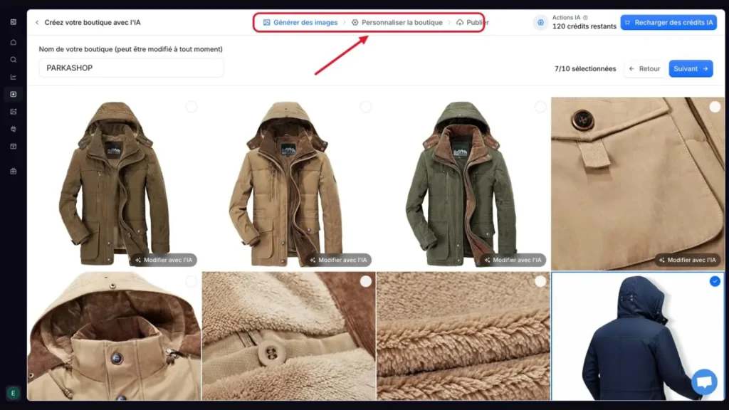 Copyfy Store AI : sélection des visuels produit générés pour une boutique de parkas, retouchables par IA