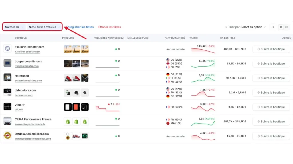 Copyfy : liste Top Boutiques filtrée sur le marché français et la niche auto, avec trafic et CA estimé